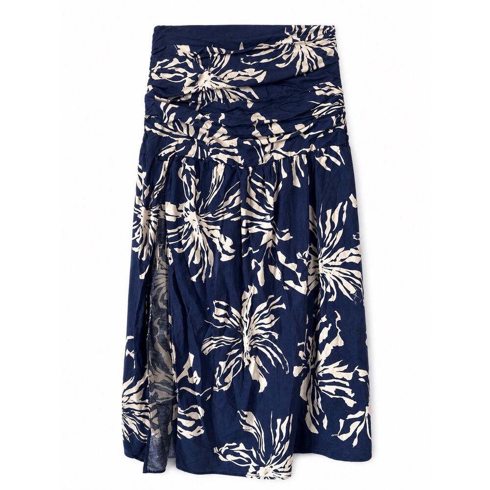 Zara Strapless Floral Dress Womens Extra Small Navy Ruched Resort Coastal